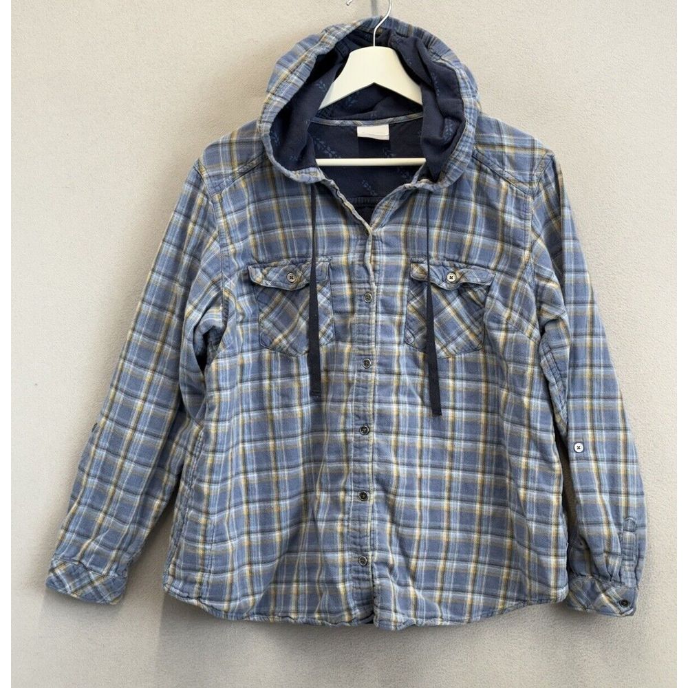 Columbia Women's Plus Sz 1X Blue Plaid Button Up Flap Pockets Hooded Shacket